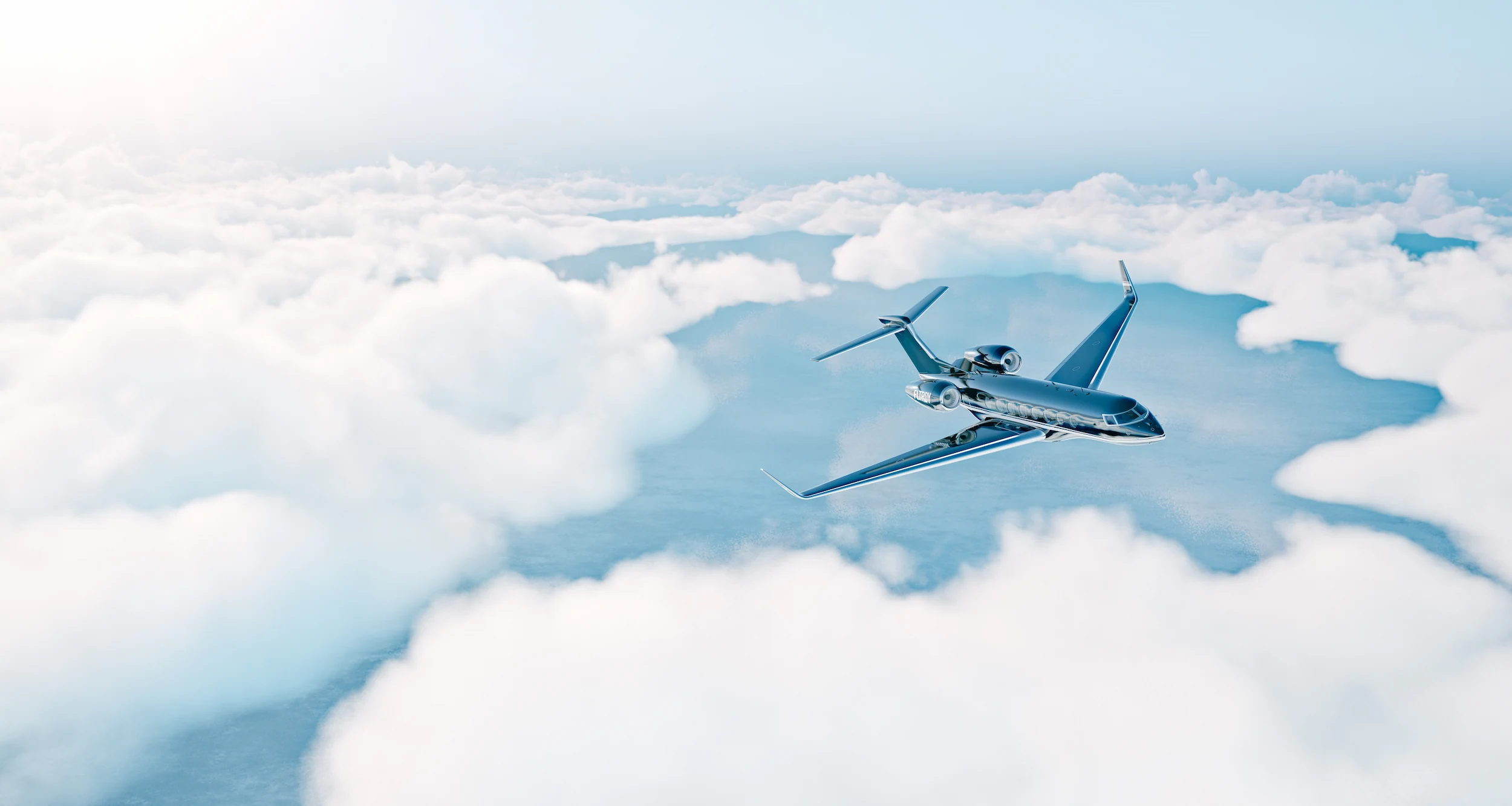 A black business jet flying through the clouds