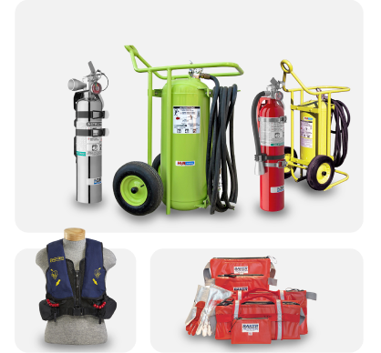 Safety equipment including fire extinguishers, life rafts, and protective gear.